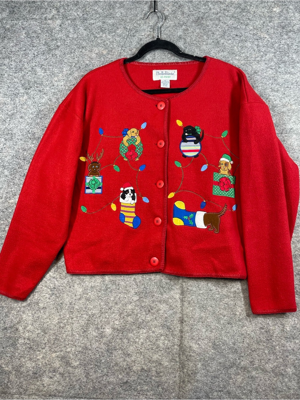 Vintage BellePointe Christmas Cardigan XL Red Holiday Dogs Cats Ugly Sweater